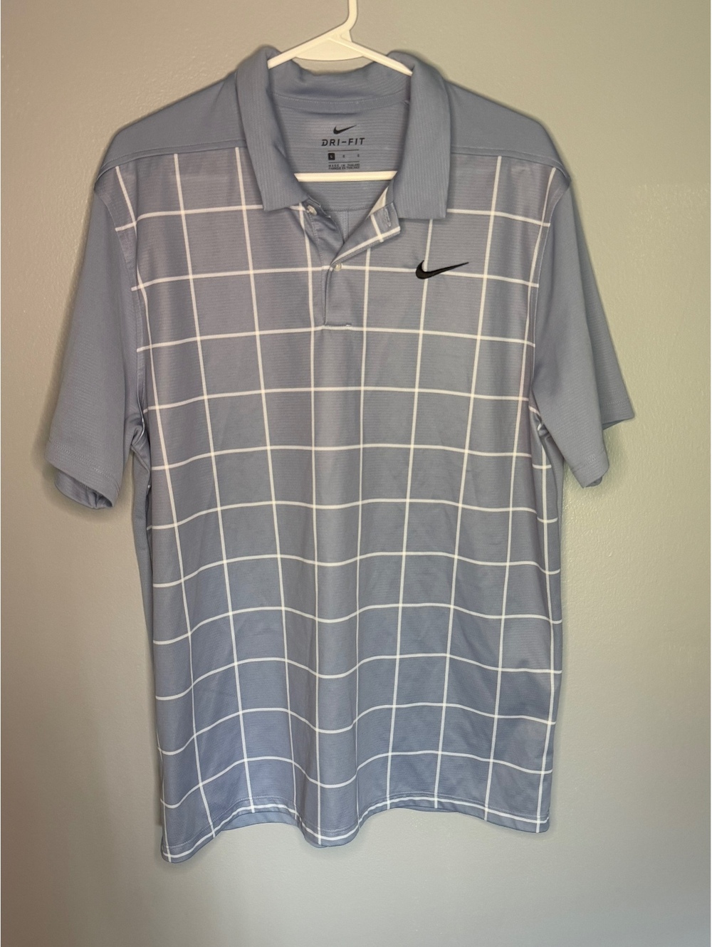 Nike Dri-FIT Men's Golf Polo Shirt Light Blue White Grid Pattern Size Large